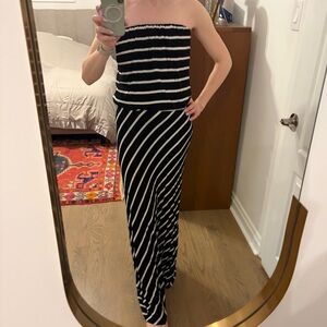 Strapless Black & White Striped Maxi Dress by Olivaceous